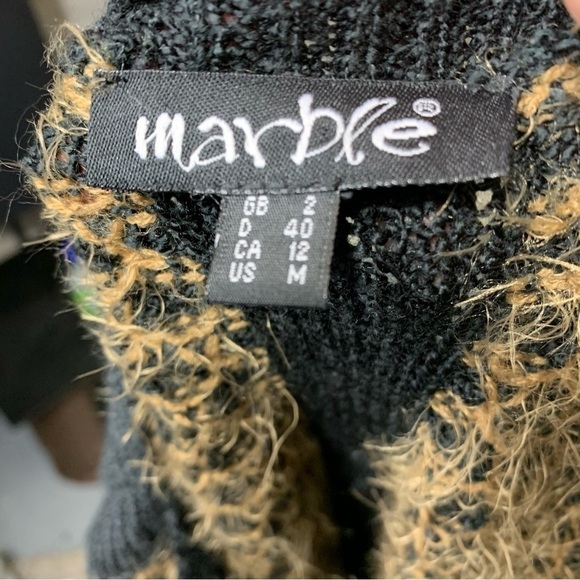 Marble Black Brown Knit Sweater Fuzzy Boat Neck Long Sleeves Slit Back Sz Medium - Picture 8 of 11